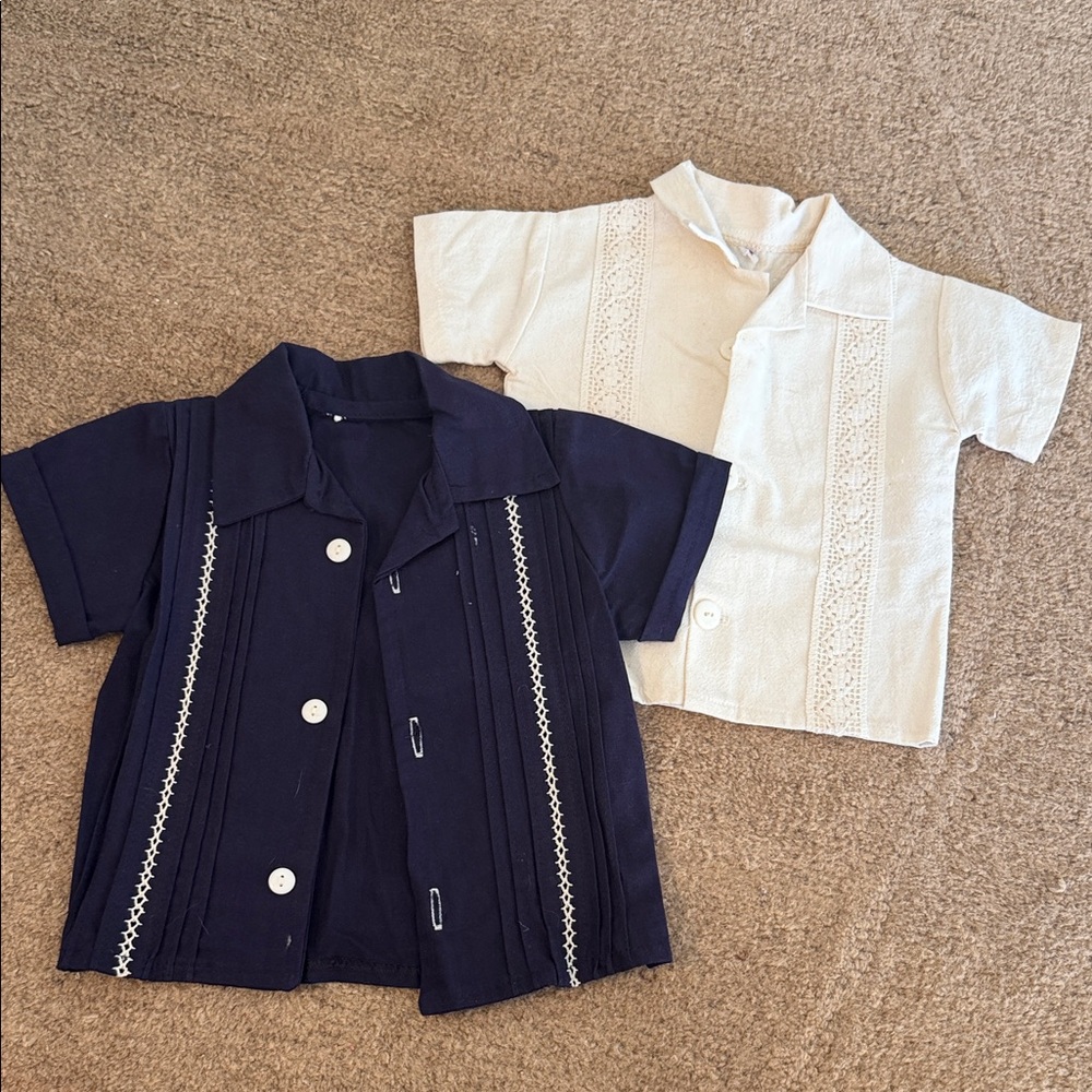 Set of 2 100% Linen Italian Navy and White Kids Button-Up Shirts 12-18mo
